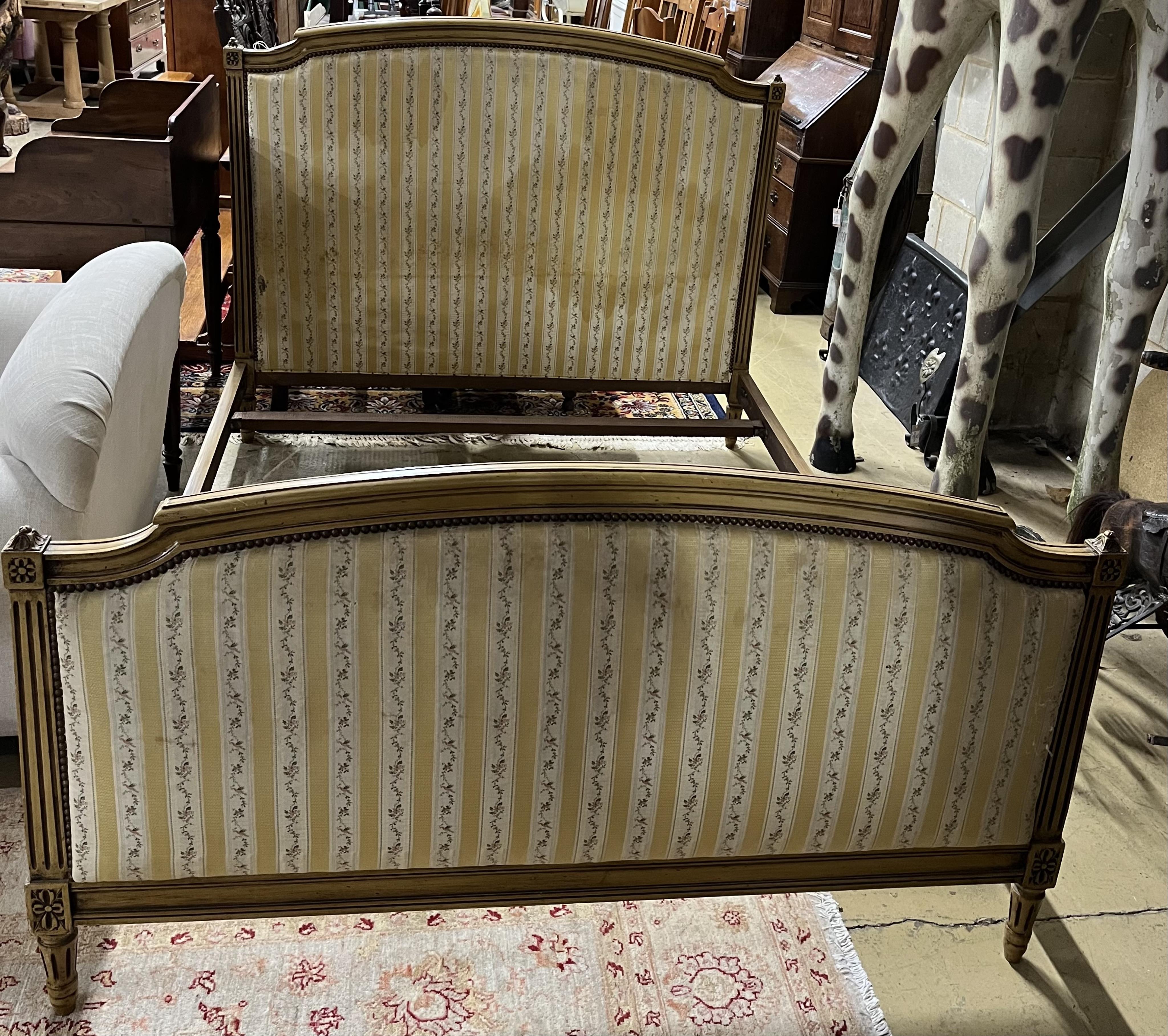 A Louis XVI style upholstered double bed frame, length 200cm, width 146cm, height 120cm. Condition - fair to good